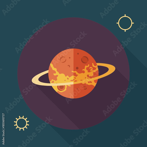 Orange planet with yellow ring and celestial symbols.