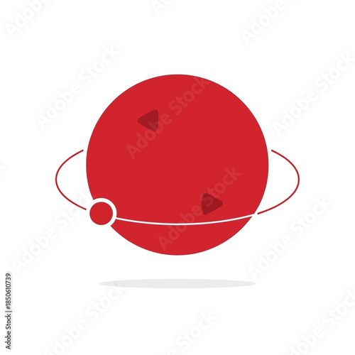 Red planet with ring and orbiting moon, abstract design.
