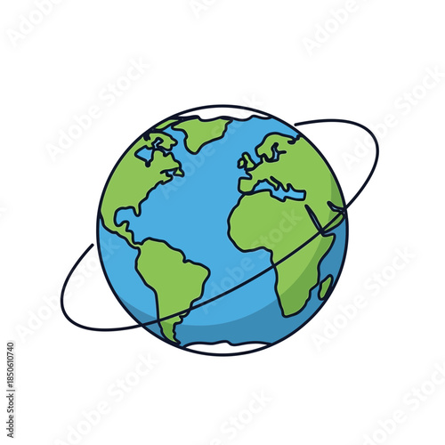 Stylized globe with continents and an orbital path.
