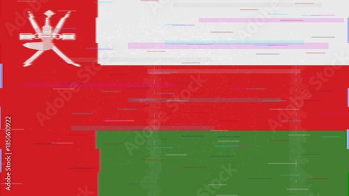 Oman glitch flag vector, RGB split distortion, digital abstract video frame illustration