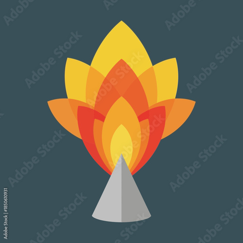 Stylized fire erupting from a gray cone.