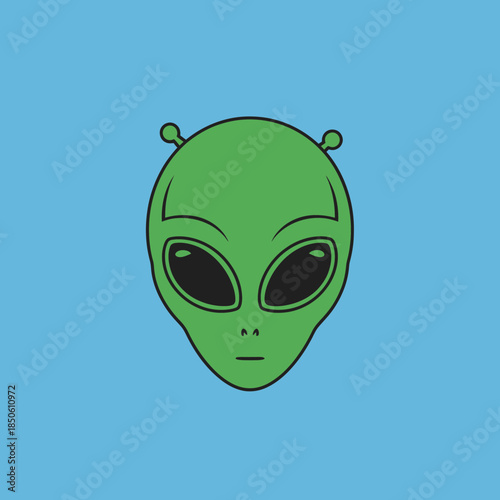 Green alien head with large black eyes and small antennae.