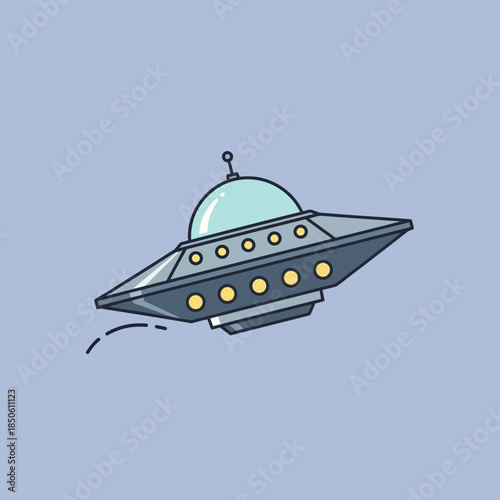 A cartoon flying saucer with lights and a dome.