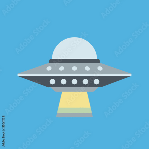 Flying saucer with lights and beam descending.