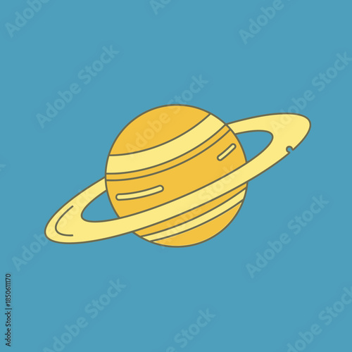 Yellow planet with rings and stripes, simple illustration.
