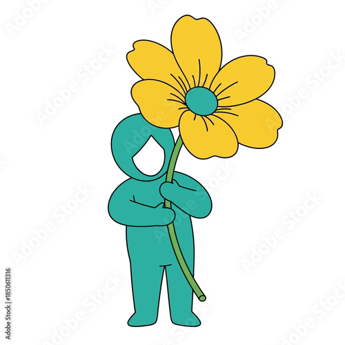 Whimsical figure holding a radiant yellow blossom creating a sense of innocent affection and