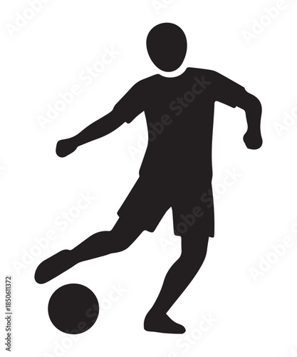 Silhouette of a soccer player dribbling the ball, presented as a black vector icon.