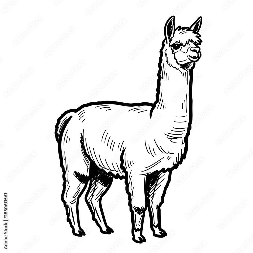 Fototapeta premium Illustration of a standing llama in a sketched style