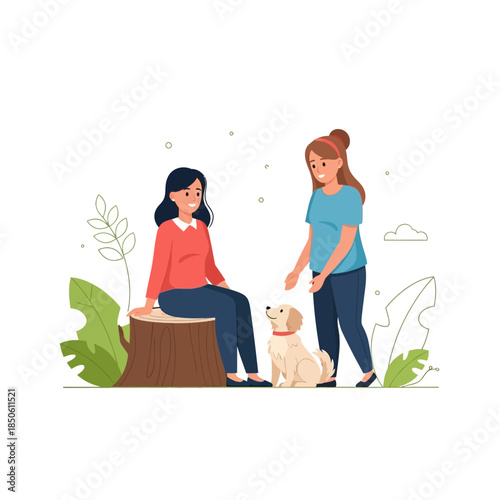 Illustrative depiction of a serene outdoor scene with companionship and calm interaction of friends