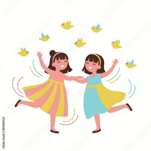Two cheerful girls joyfully dancing surrounded by stylized flying birds celebration and innocence