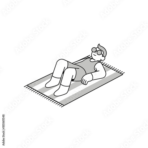 Relaxing afternoon sunbathing illustration on striped beach towel during summer break