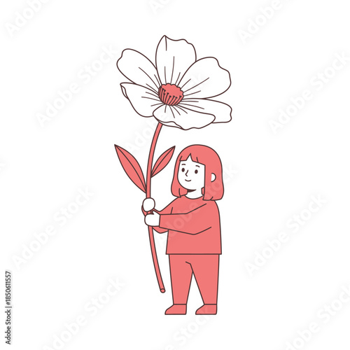 Childlike illustration depicting a joyful girl delicately holding a large flower bloom