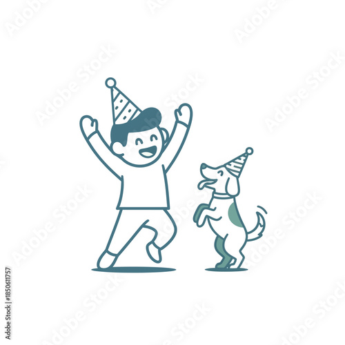 Celebratory Outlines: Boy and Dog Wearing Party Hats Expressing Joyful Elation and Togetherness