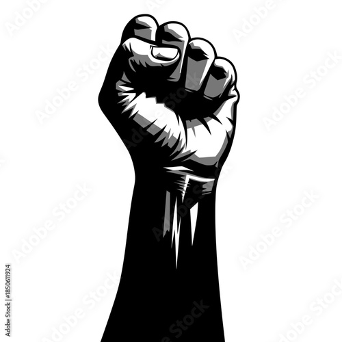 Raised fist symbol of solidarity and resistance in black and white.