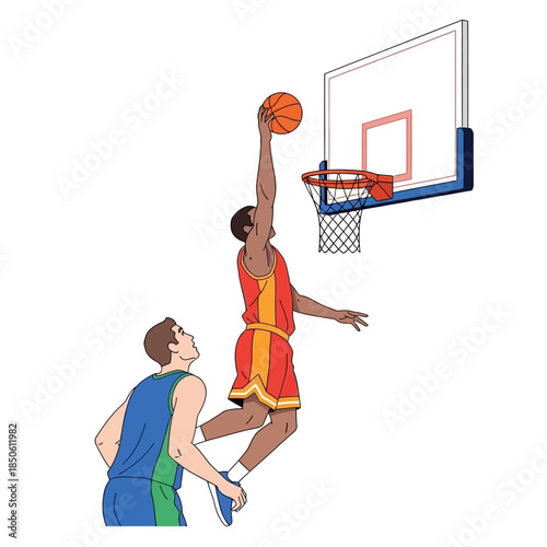 Dynamic illustration showcases a basketball player executing a slam dunk in a sporting arena