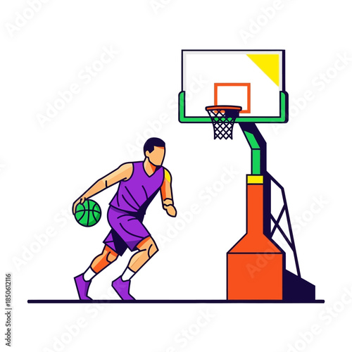 Dynamic basketball player illustration executing a dribble towards the hoop with purpose