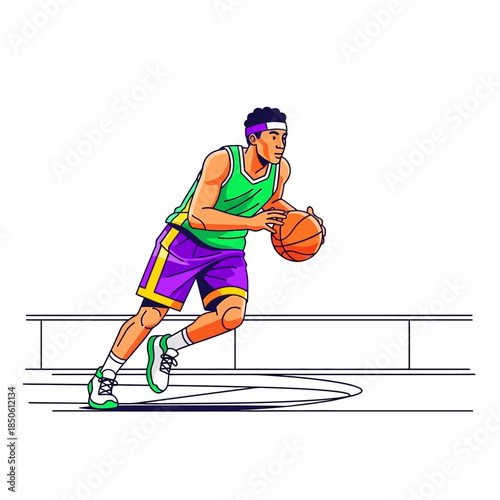 Focused basketball player dribbling during competitive game illustration with concentration and