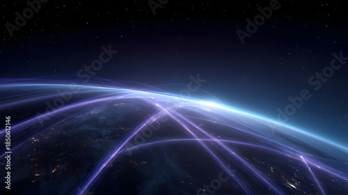 Digital Connection: Abstract representation of a digital connection network over the Earth, symbolizing global communication and technological advancement, the digital era.