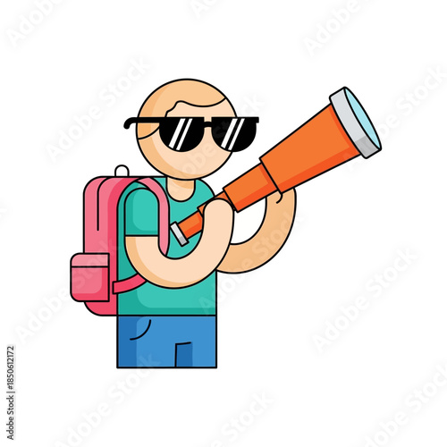 Stylized adventurer exploring with spyglass, a flat vector illustration on exploration adventure