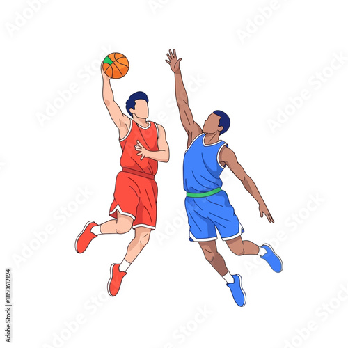 Dynamic basketball action featuring two players in a competitive match illustration