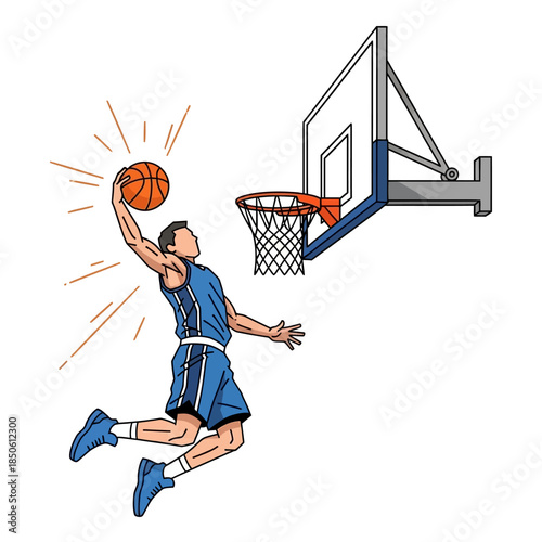 Dynamic basketball player mid-air action, aiming for a slam dunk illustration showcase
