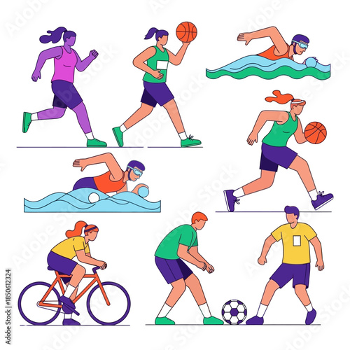Diverse athleticism collection: illustrating various sports activities in linear composition