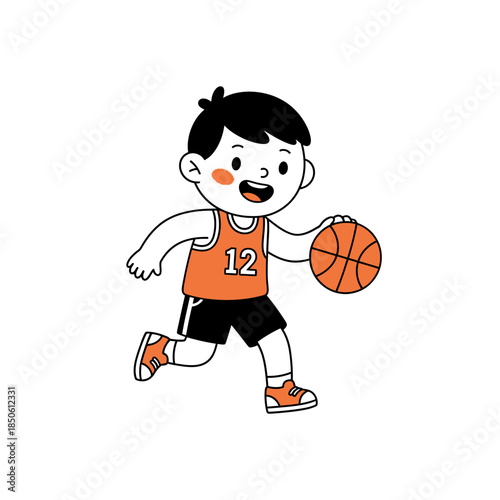 Energetic cartoon boy dribbling basketball, a delightful depiction of youth activity and playfulness