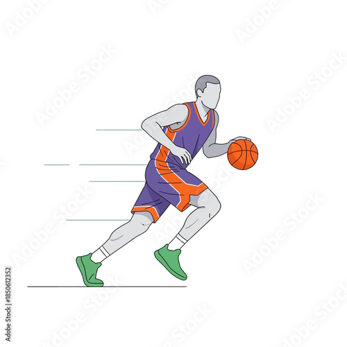 Dynamic basketball player dribbling with speed in a vibrant athletic artwork design style