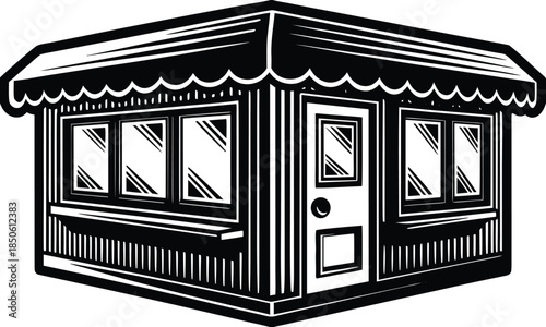 Monochrome shop or store front design showcasing window displays and a classic awning storefront silhouette