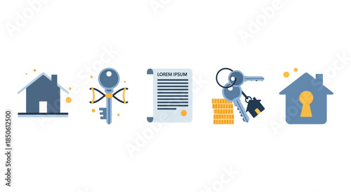Modern flat design real estate icons set with house, keys, contract, and keyhole house symbols.
