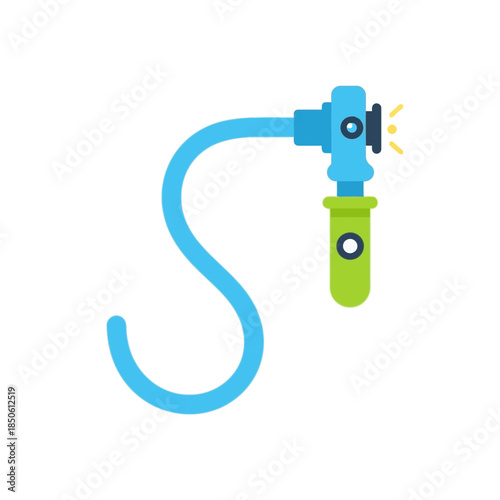 Modern flat design otoscope with blue curved tube, green handle, and bright light for medical ear check.