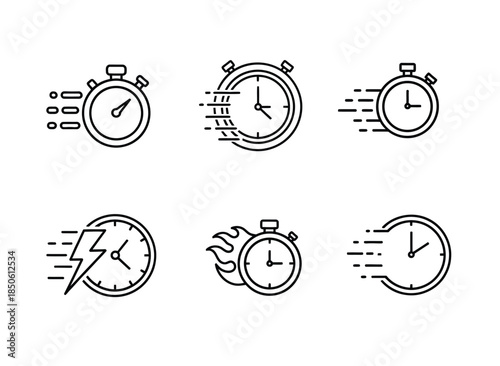 Six Motion Stopwatches Illustrations Representing Speed, Time and Efficiency for Branding and Design