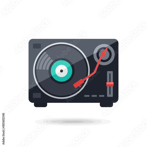 Modern flat design turntable with spinning green vinyl record and red needle.