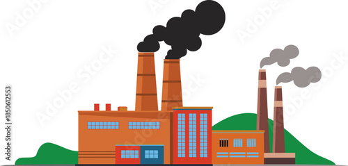 Flat design industrial factory illustration with smoke pollution power plant manufacturing building environmental concept vector background isolated on white