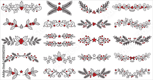 Elegant vector collection of Christmas floral dividers, holly berry ornaments, and festive laurel wreaths in a hand-drawn line art style for holiday greeting cards, invitations, and seasonal branding.