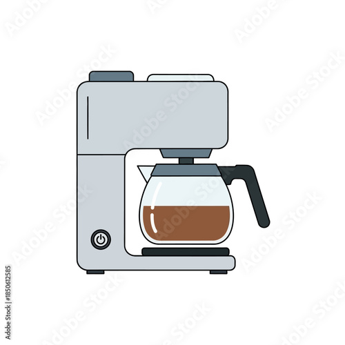 Modern gray drip coffee maker with a full glass carafe of dark brown brewed coffee.