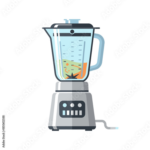 Modern silver electric blender with a glass pitcher filled with ingredients, flat vector illustration.