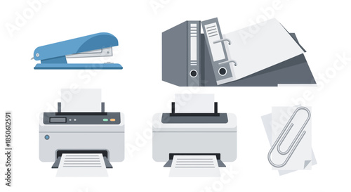 Modern office supplies set - blue stapler, grey binders, white printers, and a silver paperclip on white paper.