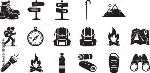 Camping icons set for outdoor adventure and travel