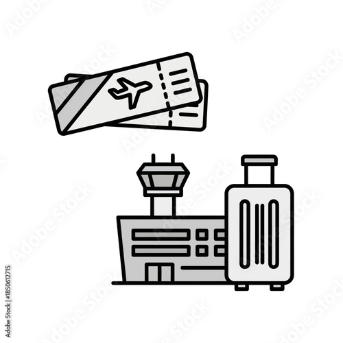 Monochromatic airport travel icons - airplane tickets, terminal building, control tower, and wheeled luggage illustration.