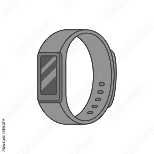Monochrome line art illustration of a modern smart band fitness tracker with a rectangular screen.