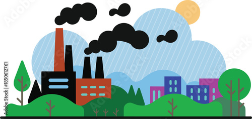 Flat minimalist industrial city landscape illustration showing factory smoke pollution nature contrast environmental impact concept vector background design