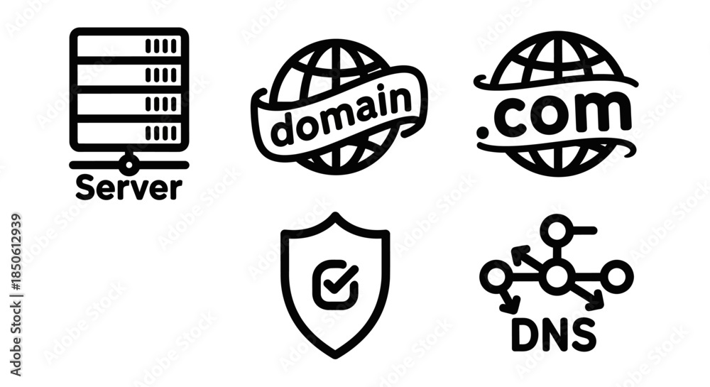 Obraz premium Network Infrastructure Icons - Server, Domain, DNS, and Security Shield.