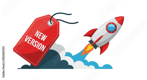 New Version Launch - Rocket Soaring Past a Red Tag Announcing the Update.