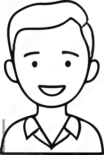 Outline drawing of a smiling young mans head and shoulders