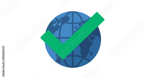 global approval icon with green check mark overlay on blue world globe simple flat vector symbol for worldwide verification and trust