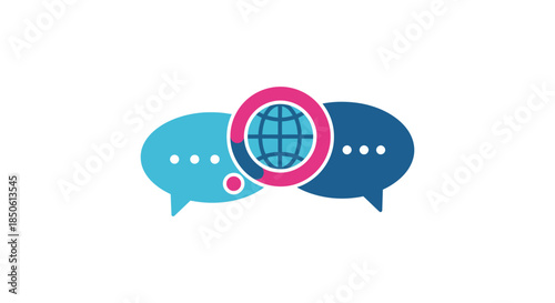 global communication chat icon with speech bubbles and world globe symbol flat vector illustration for messaging app logo or website