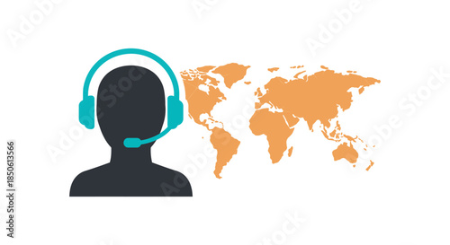 global customer support operator icon with headset beside world map illustration concept for international call center and online service