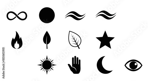 Black icons of various symbolic shapes.
