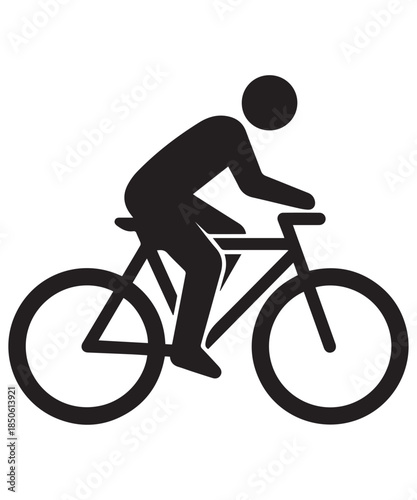 A minimalist vector silhouette icon illustrating a person riding a bicycle on a white background